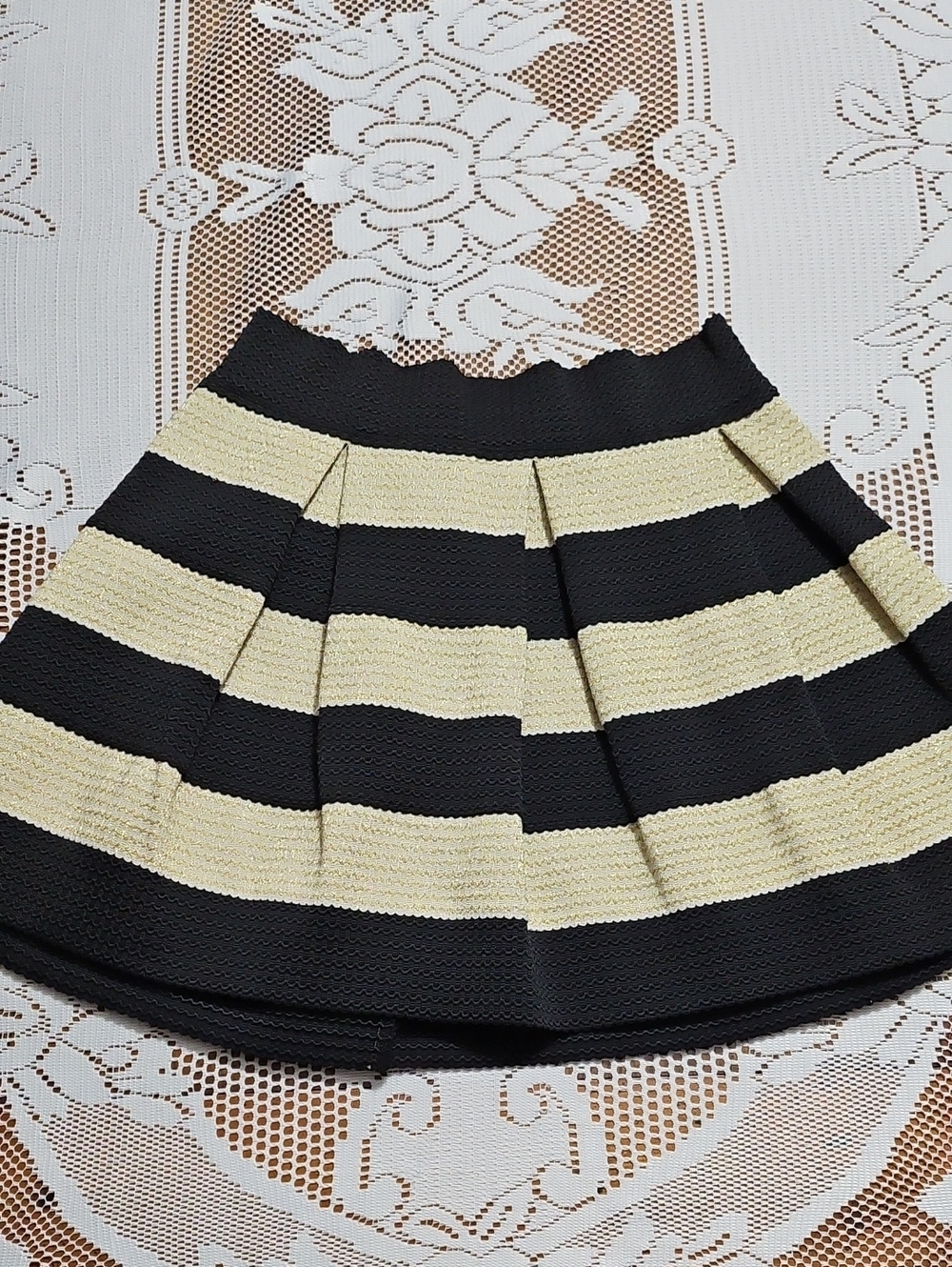 Black & Metallic Gold Striped Structured Pleated Fit & Flare Skirt